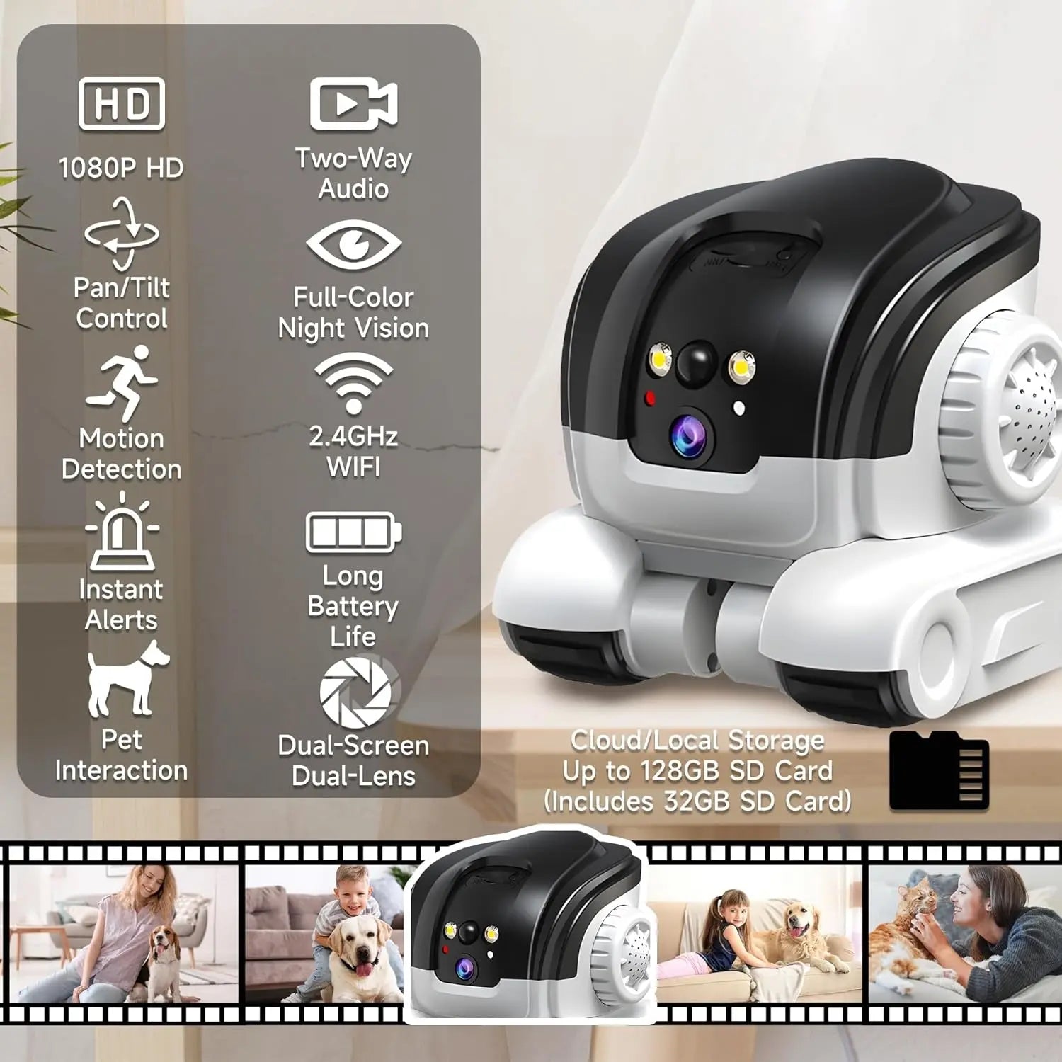 1080P kamera pro domácí mazlíčky – Oboustranný zvuk – Barevné noční vidění až na 10 m – Upozornění na pohyb – 32GB SD karta