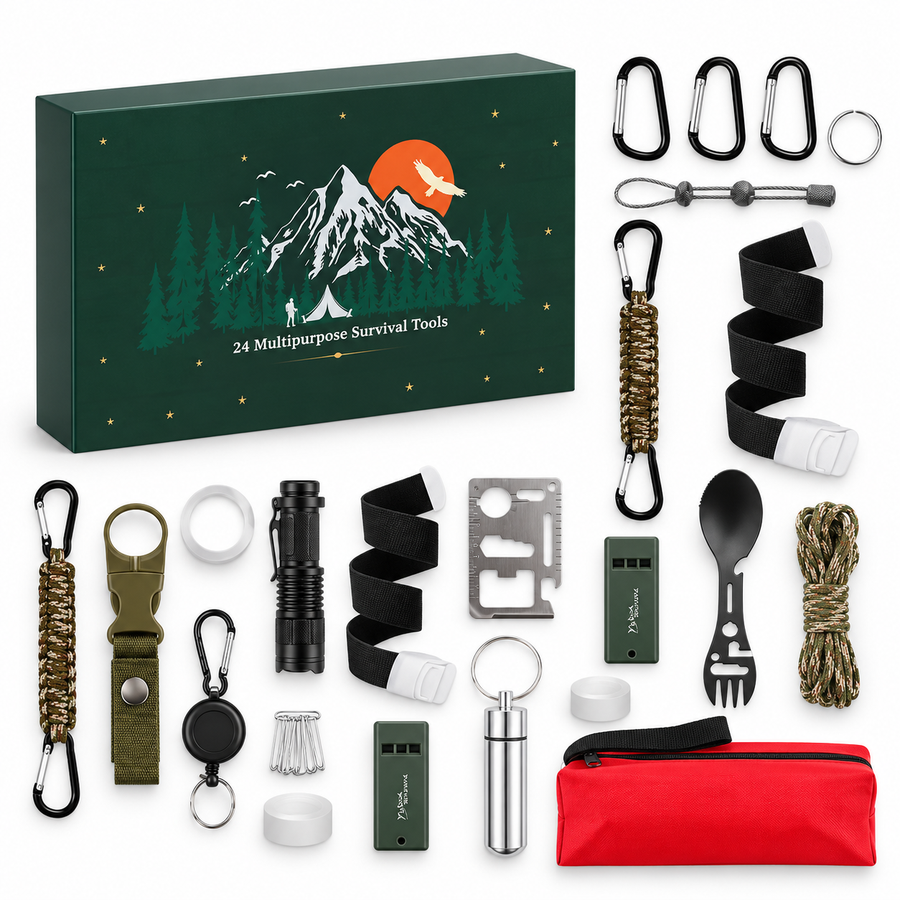 24denní adventní kalendář s outdoorovým vybavením a nářadím na kempování a turistiku
