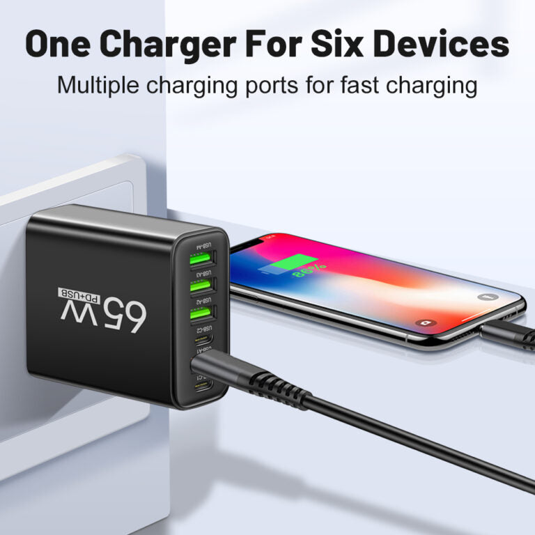 65W USB nabíječka se šesti porty do kanceláře, domácnosti a na cesty