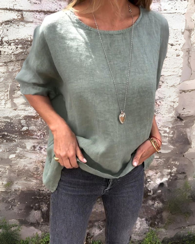 Bavlněné a lněné tričko s kulatým výstřihem