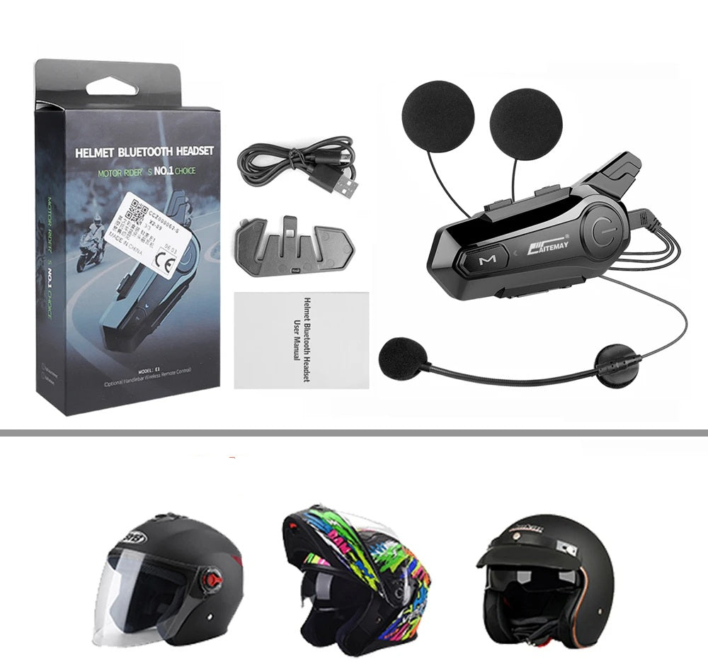 Bluetooth interkom na motocyklovou helmu - bezdrátový interkom s dosahem 1000 m, handsfree volání, kříšťálově čistý zvuk pro 2 jezdce na cesty a dobrodružství