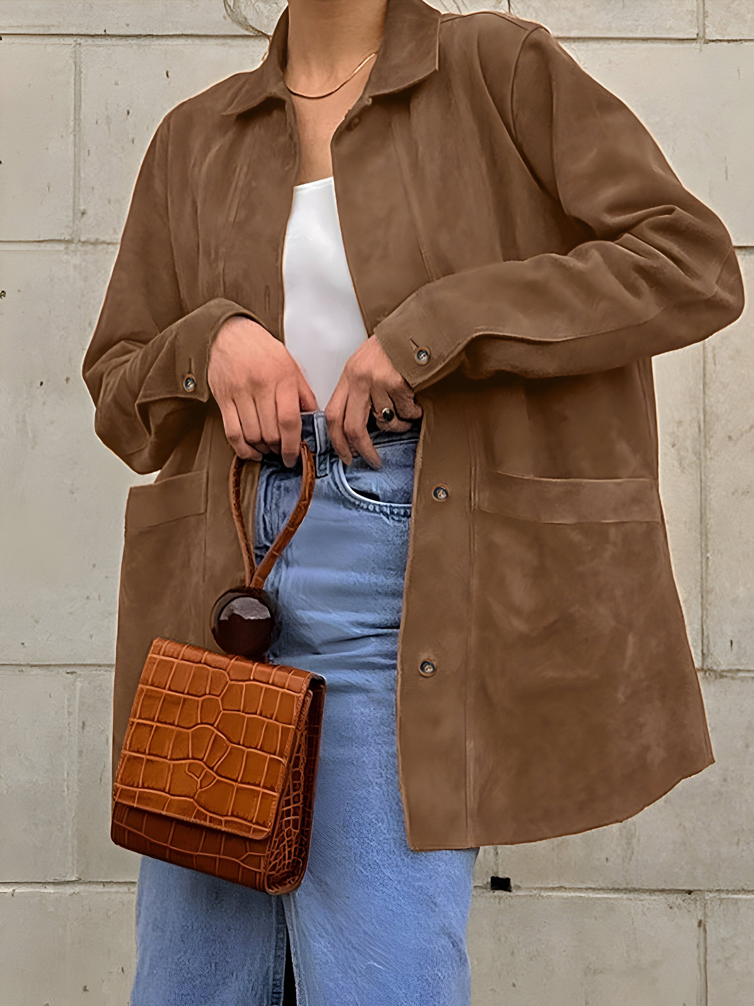 Dámská stylová oversized bunda v semišovém vzhledu