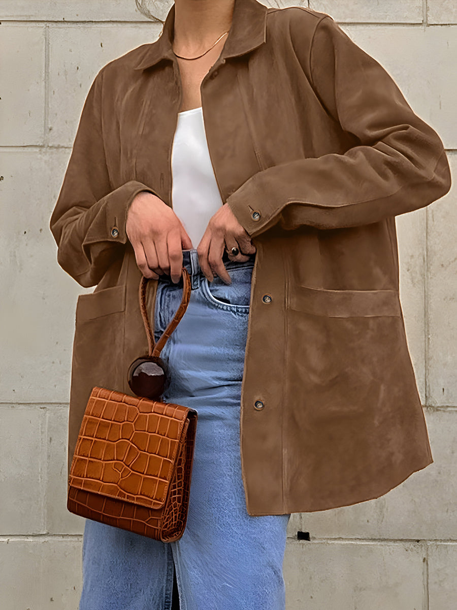 Dámská stylová oversized bunda v semišovém vzhledu