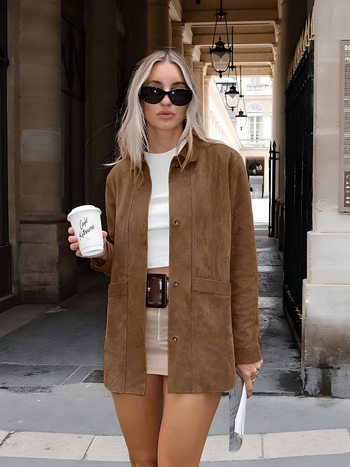 Dámská stylová oversized bunda v semišovém vzhledu