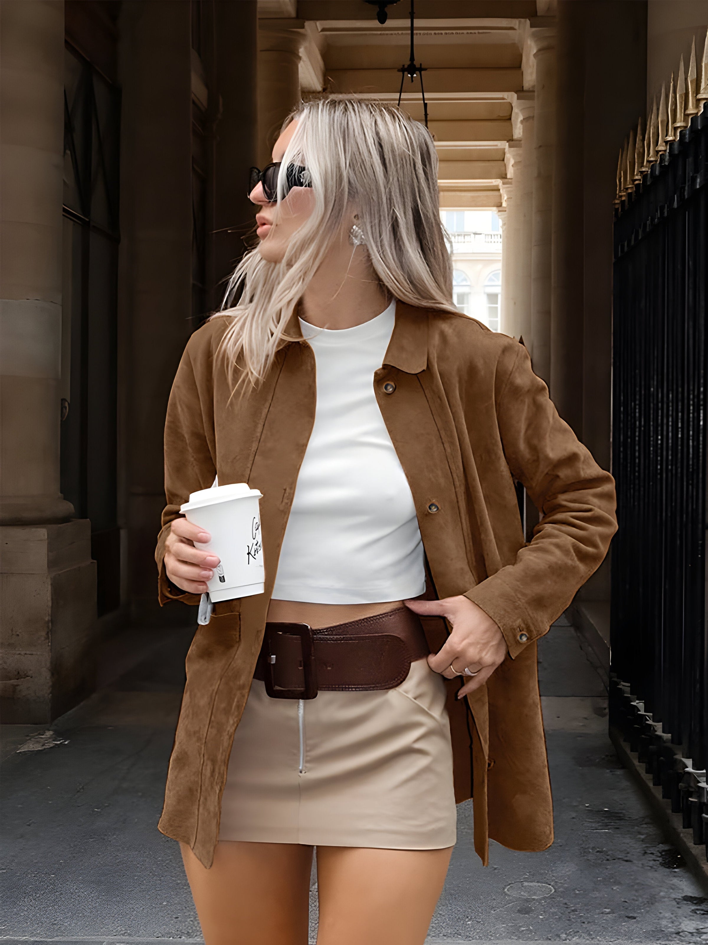 Dámská stylová oversized bunda v semišovém vzhledu