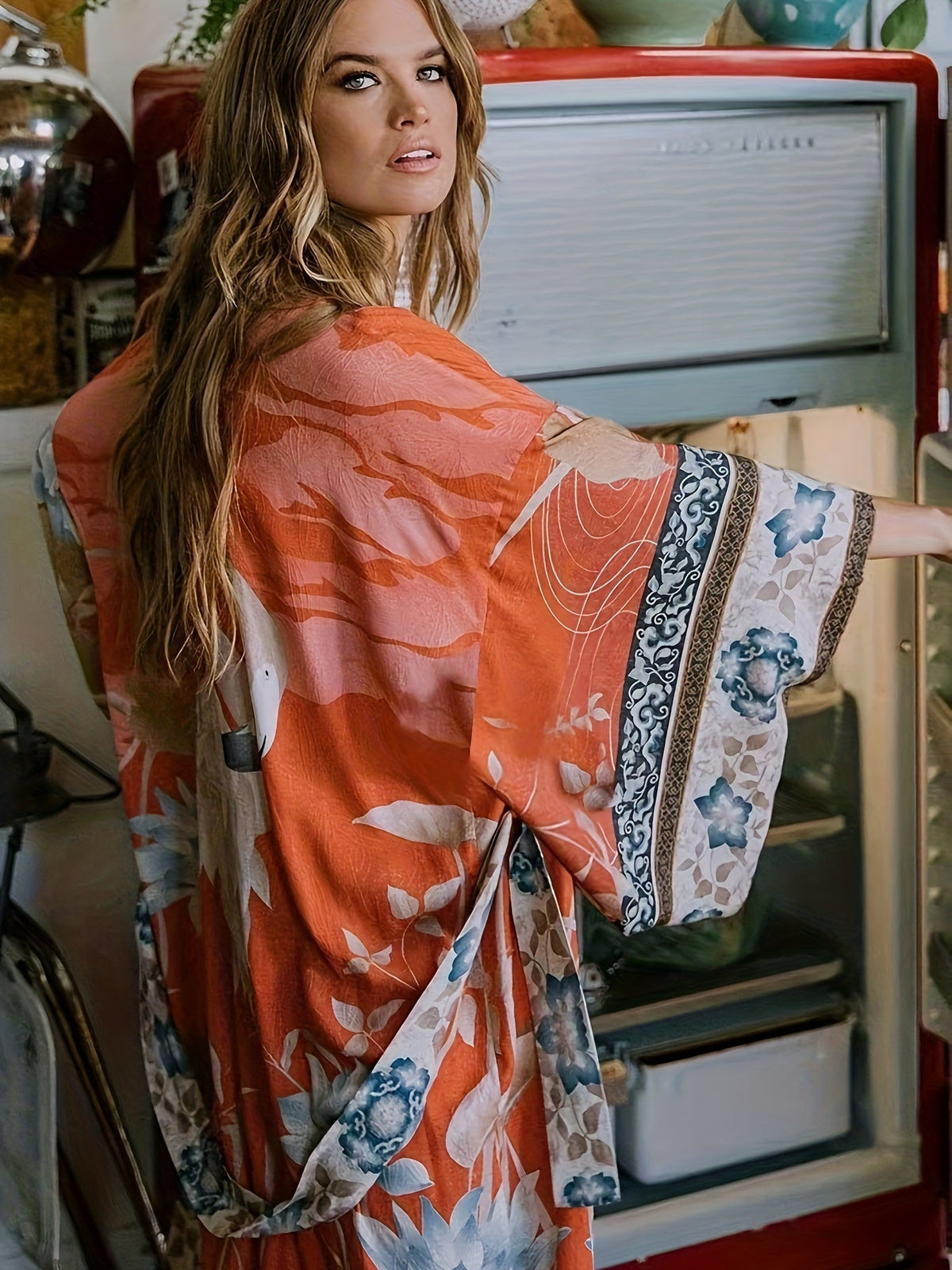 Dámské dlouhé kimono s květinovým vzorem
