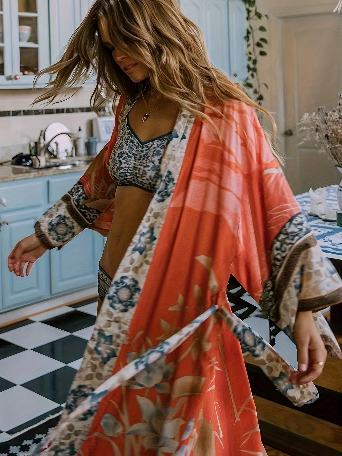 Dámské dlouhé kimono s květinovým vzorem