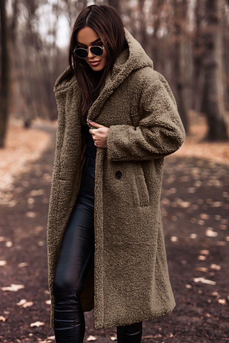 Dámský dlouhý kabát teddy s kapucí