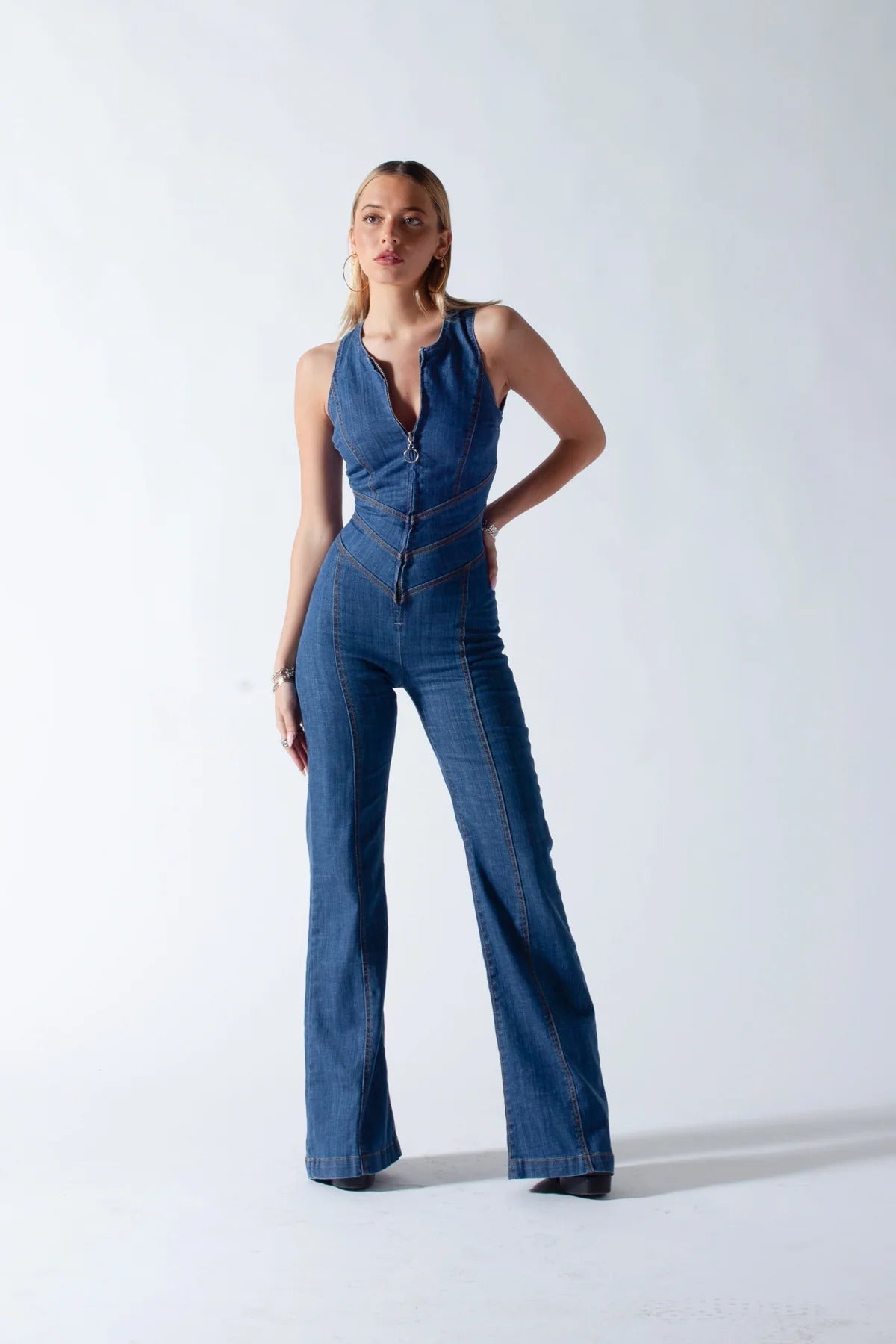 Dámský džínový overal na zip v moderním vintage stylu