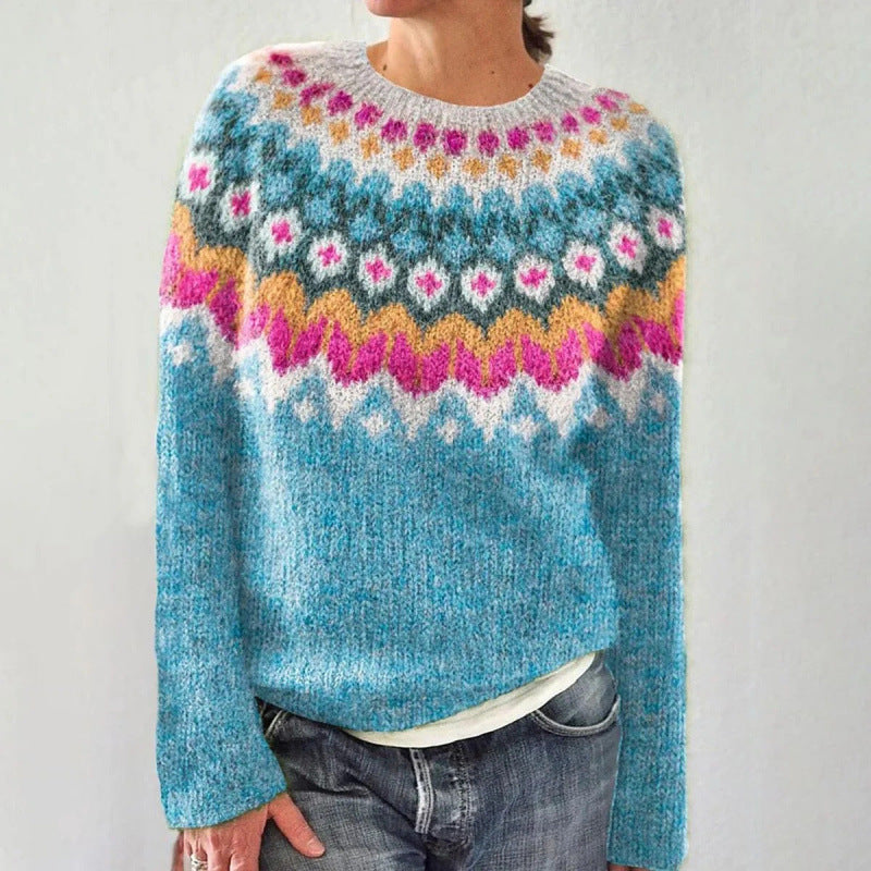 Dámský pletený svetr s kulatým výstřihem a vzorem Fair Isle
