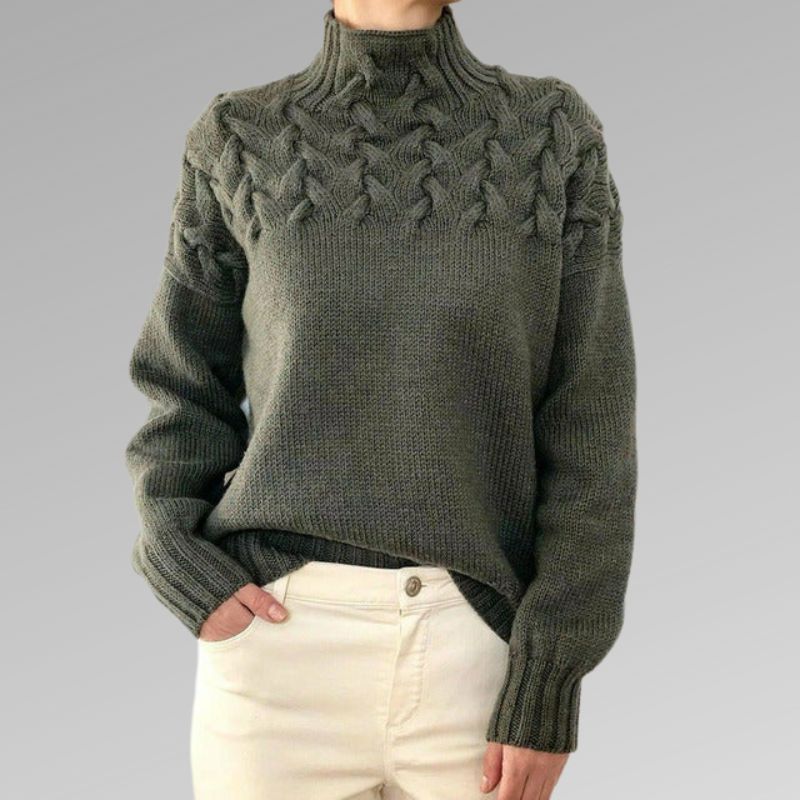 Dámský pletený svetr s rolákem a copánkovým vzorem