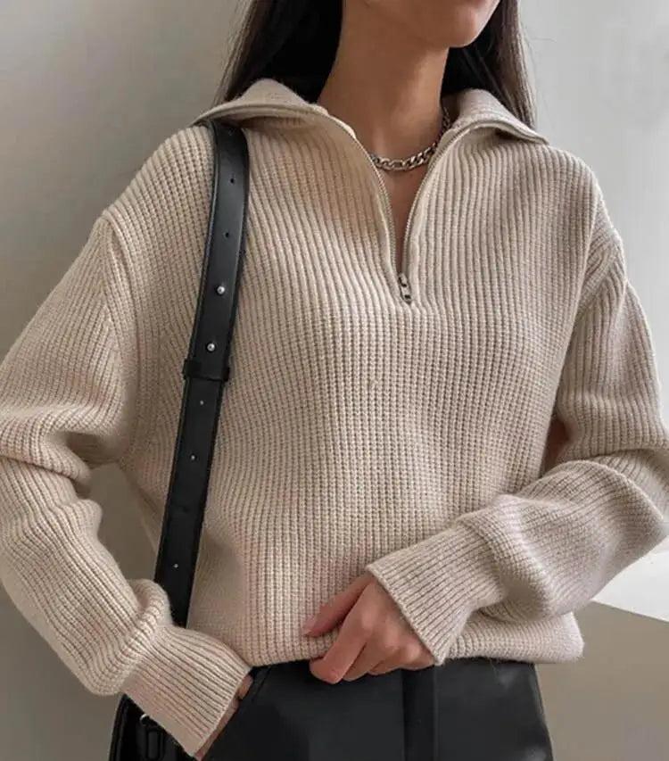 Dámský svetr s dlouhým rukávem a rolákem na 1/4 zip