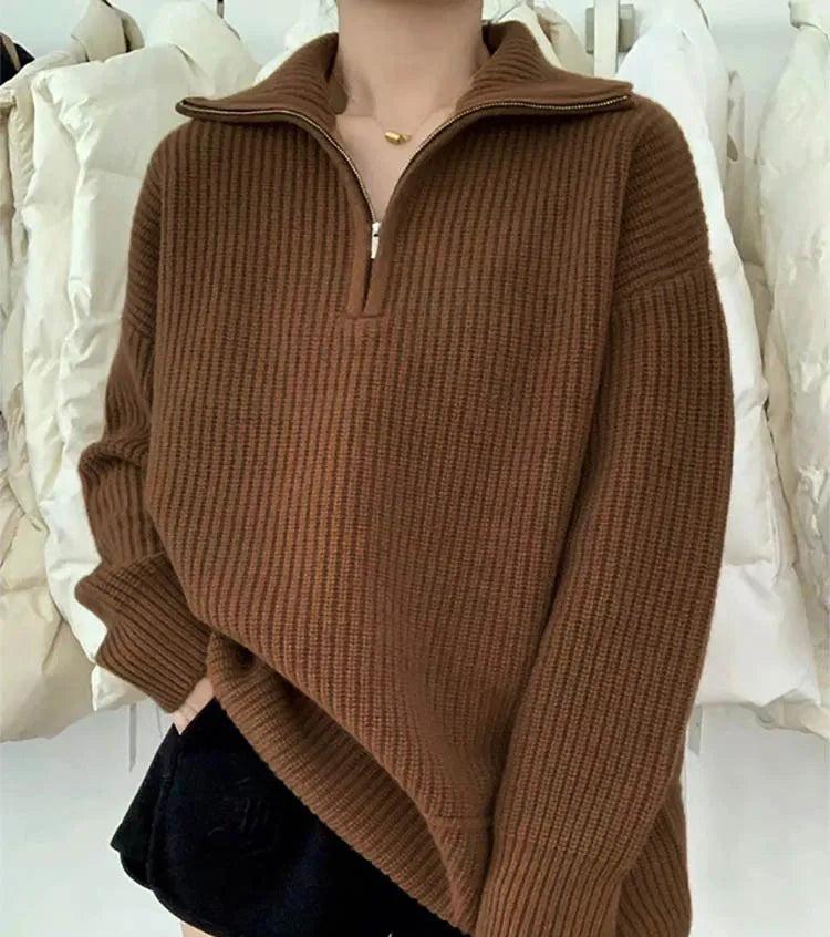 Dámský svetr s dlouhým rukávem a rolákem na 1/4 zip