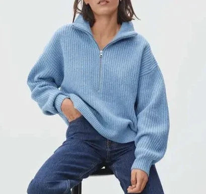 Dámský svetr s dlouhým rukávem a rolákem na 1/4 zip