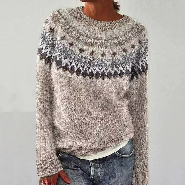 Dámský zimní svetr s kulatým výstřihem a vzorem Fair Isle