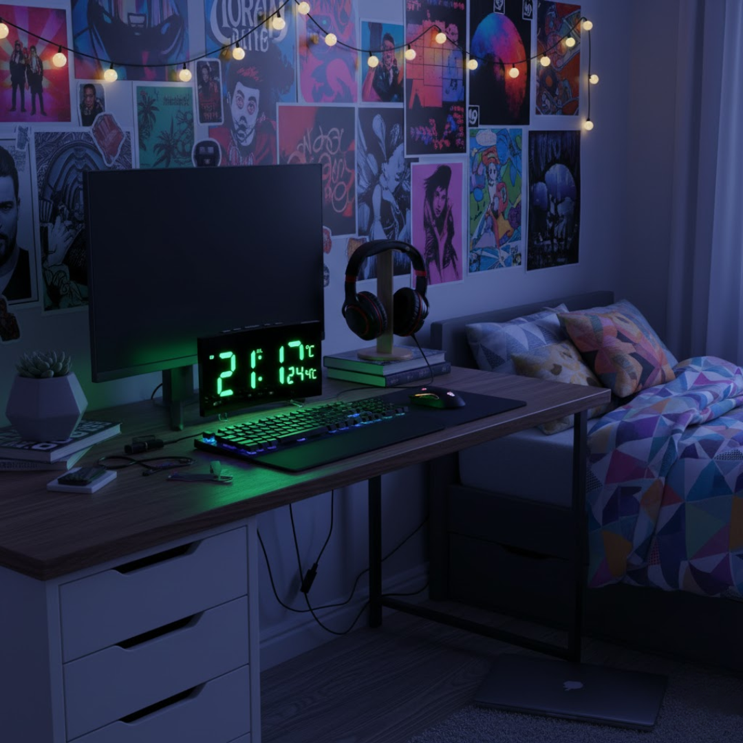 Digitální LED budík s prohnutou obrazovkou a automatickým osvětlením