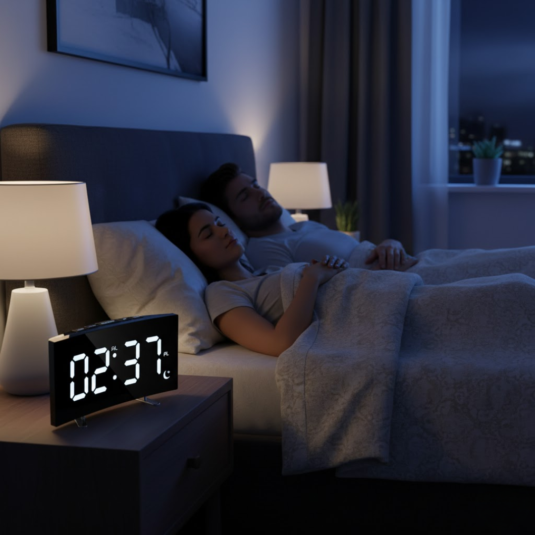Digitální LED budík s prohnutou obrazovkou a automatickým osvětlením