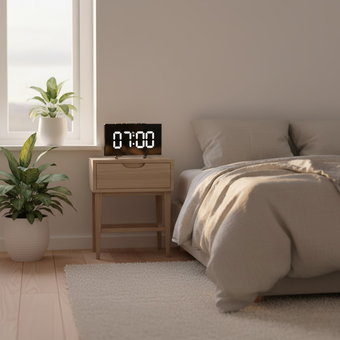 Digitální LED budík s prohnutou obrazovkou a automatickým osvětlením