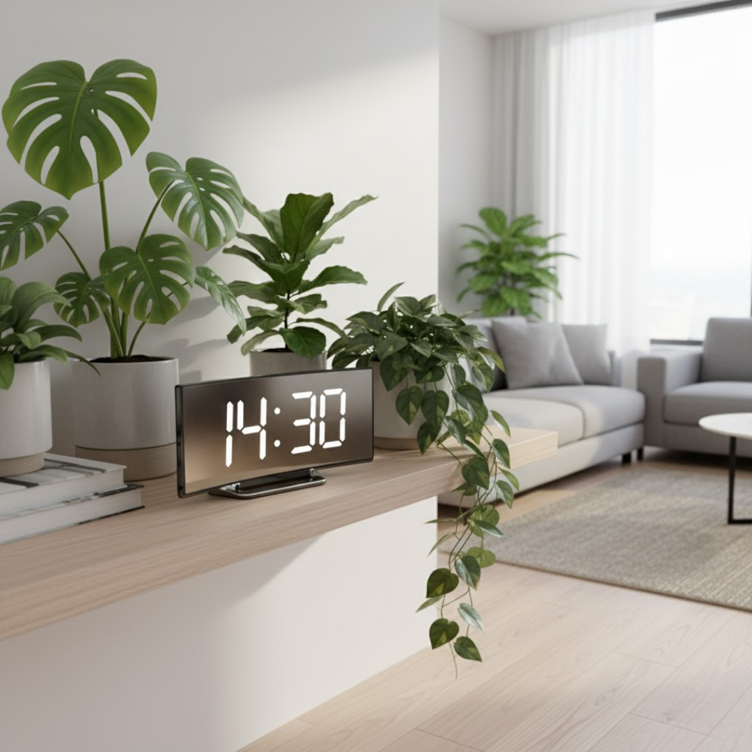 Digitální LED budík s prohnutou obrazovkou a automatickým osvětlením