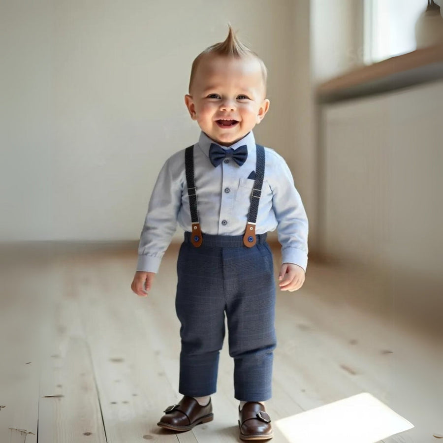 Elegantní 3dílný chlapecký oblek – modrá košile, vestička a kalhoty s motýlkem