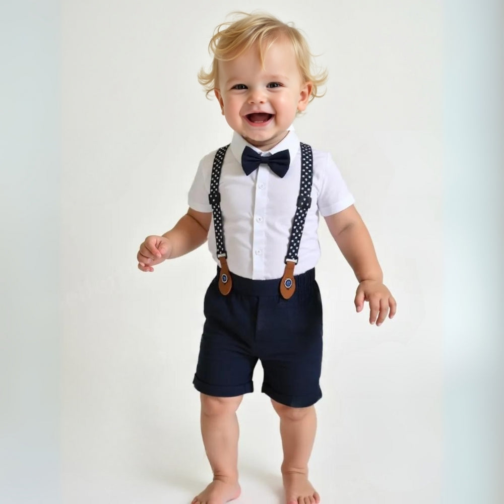 Elegantní 3dílný chlapecký oblek – modrá košile, vestička a kalhoty s motýlkem