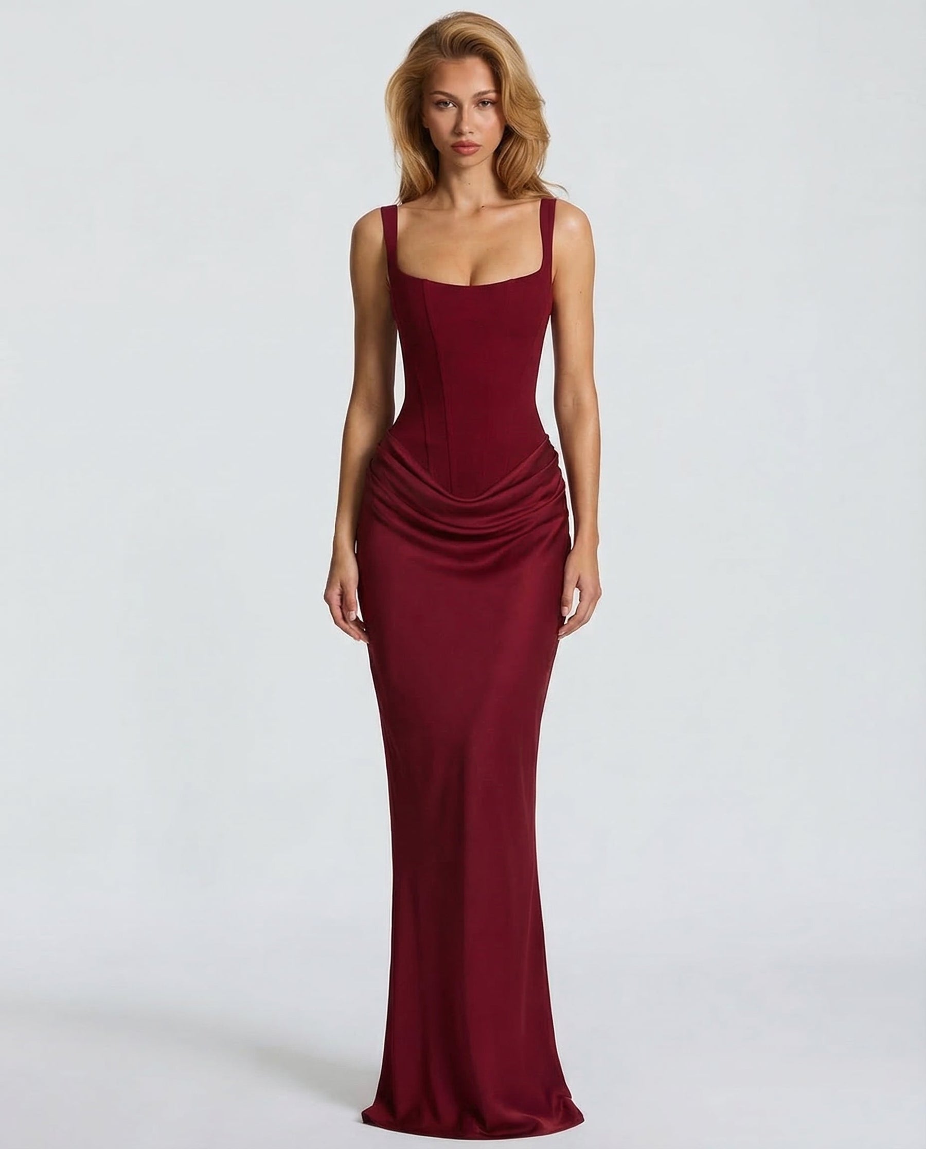 Elegantní maxi šaty s korzetovým vzhledem a hranatým výstřihem