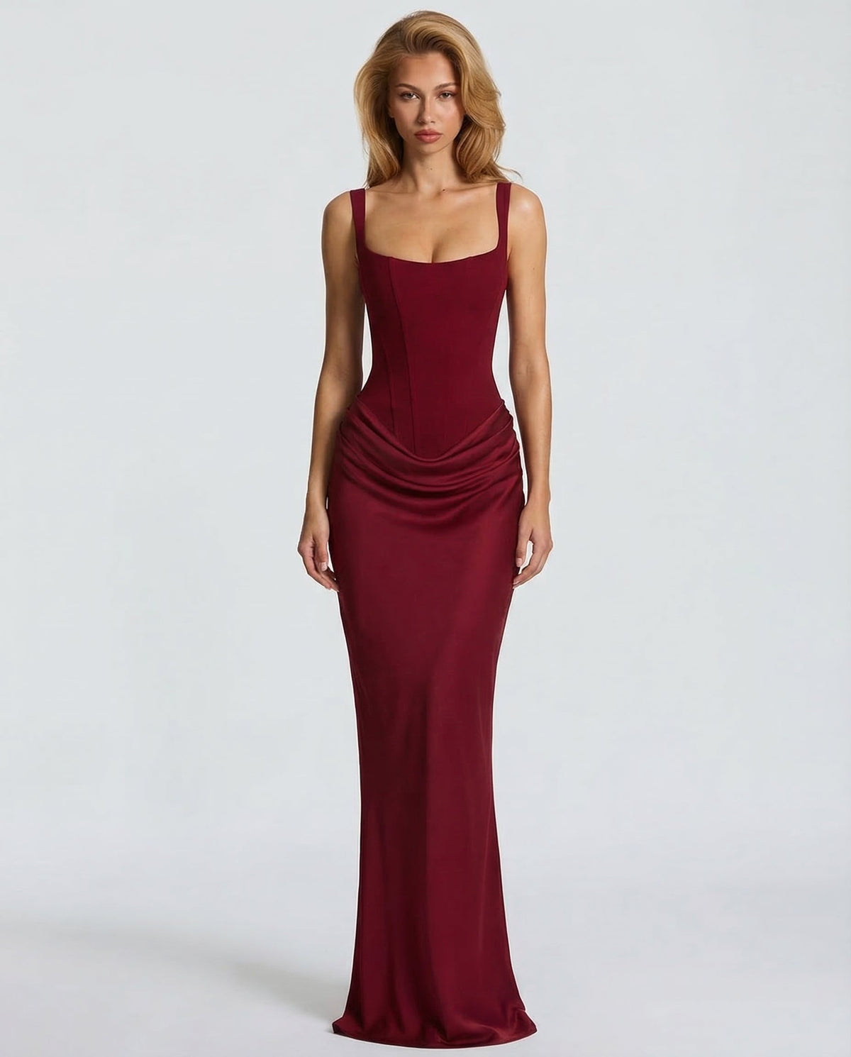 Elegantní maxi šaty s korzetovým vzhledem a hranatým výstřihem