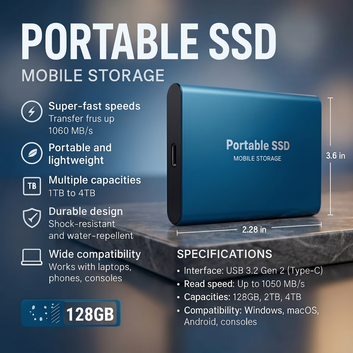 Externí SSD disk s přenosovou rychlostí 1050 MB/s | Přenosné úložiště 128 GB pro rychlý přístup k datům
