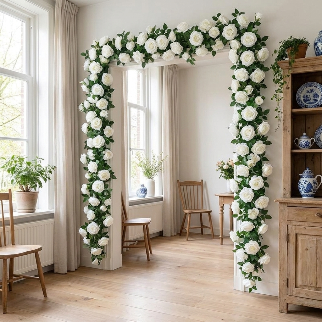 Girlanda z umělých růží 230 cm — Hedvábí, 6 barev, na svatbu a oslavu