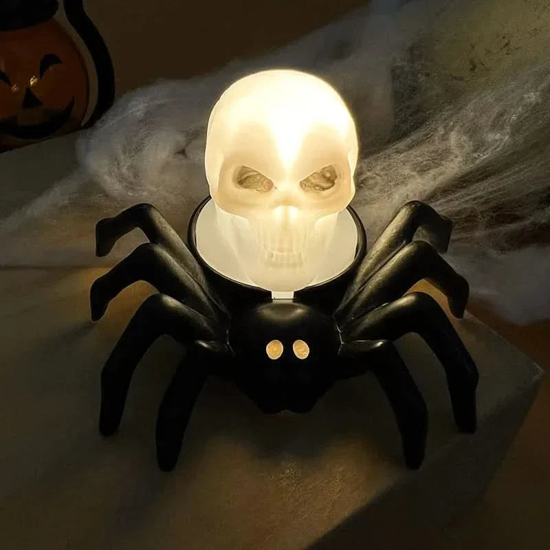 Halloweenská LED lampa s lebkou a pavoukem – strašidelná domácí dekorace