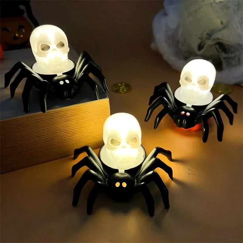 Halloweenská LED lampa s lebkou a pavoukem – strašidelná domácí dekorace