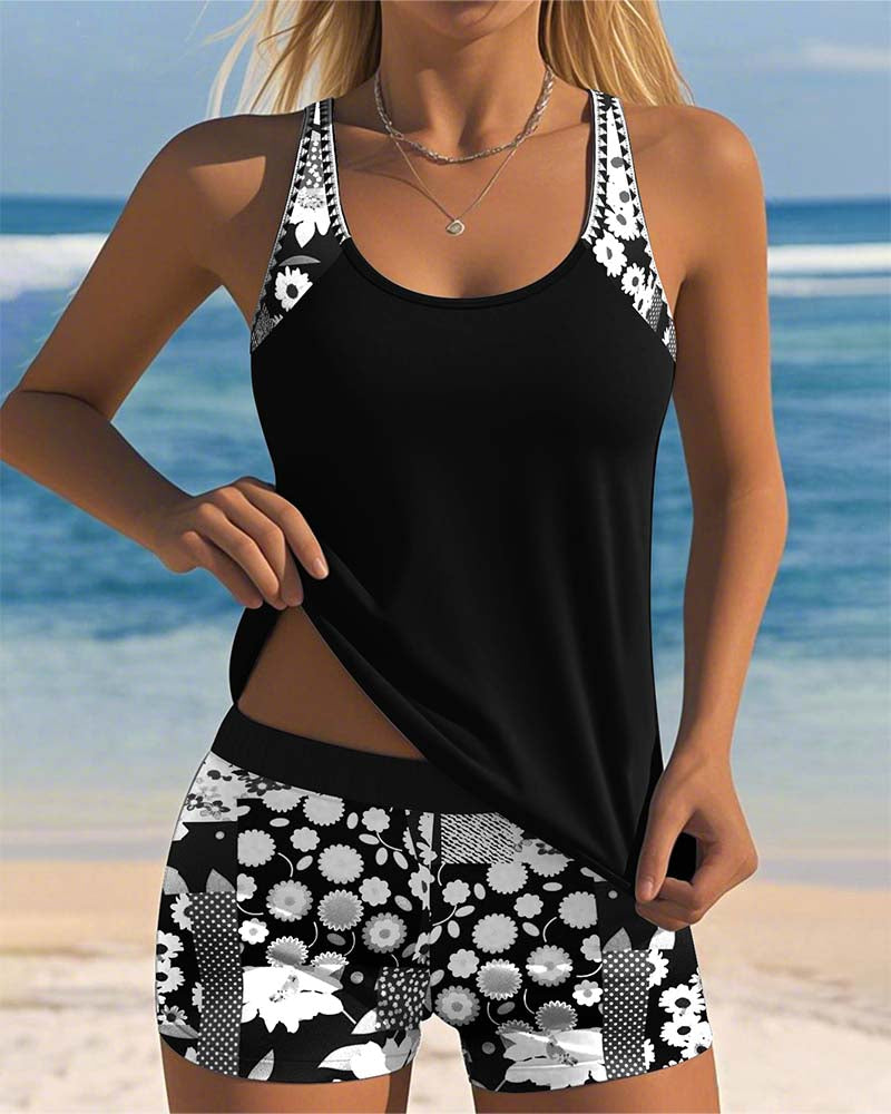 Květinové tankini s nastavitelnými ramínky a pohodlnými šortkami - vícebarevné