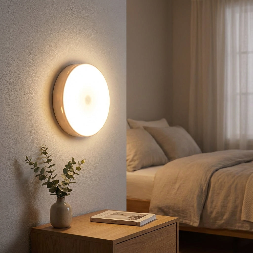 LED lampa s pohybovým senzorem a nastavitelným jasem – kulatá, bílá, ABS, bezdrátová montáž