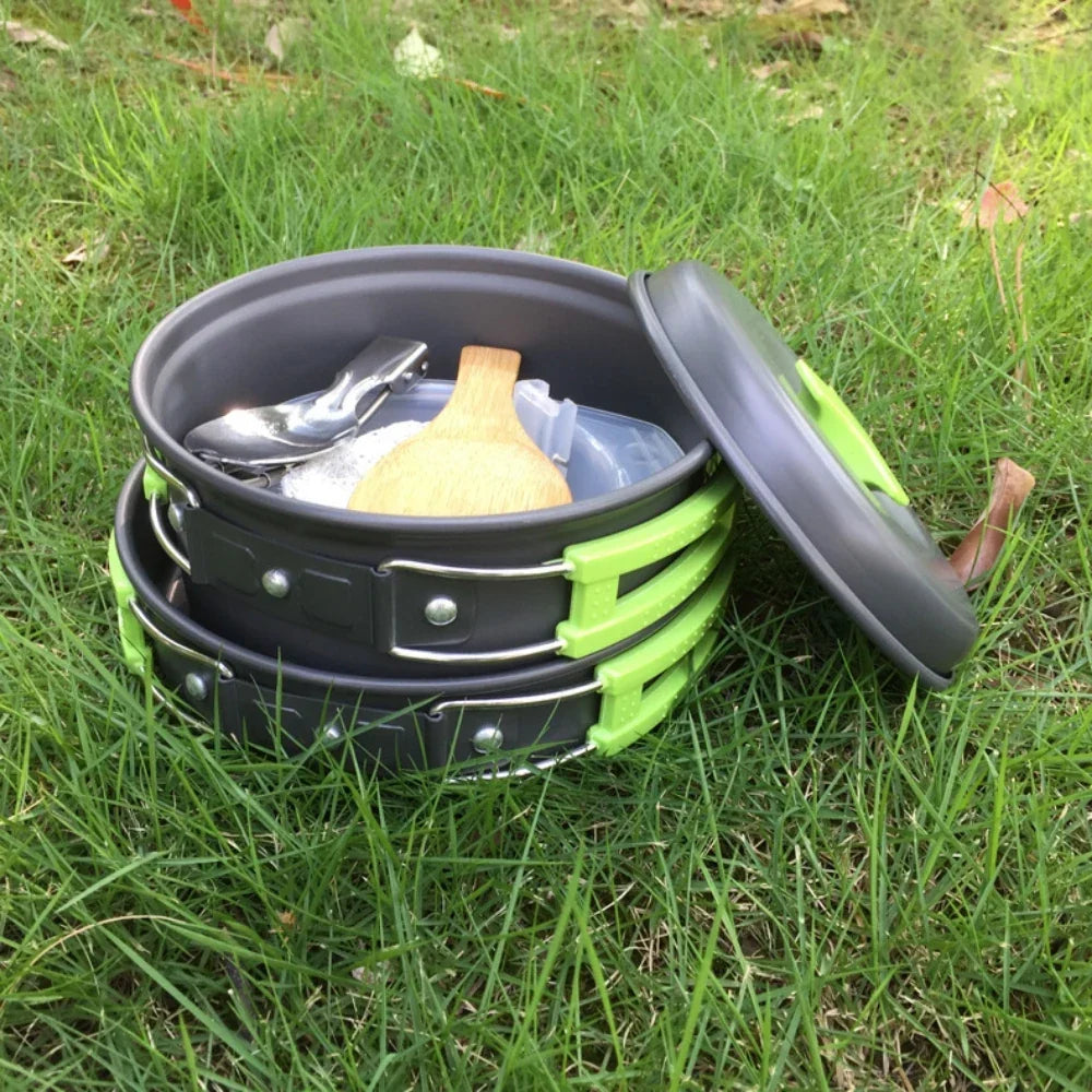 Mini kempingová sada nádobí 1,8 l - hliníkový hrnec s nepřilnavým povrchem - skládací do sebe - zelená, oranžová a černá