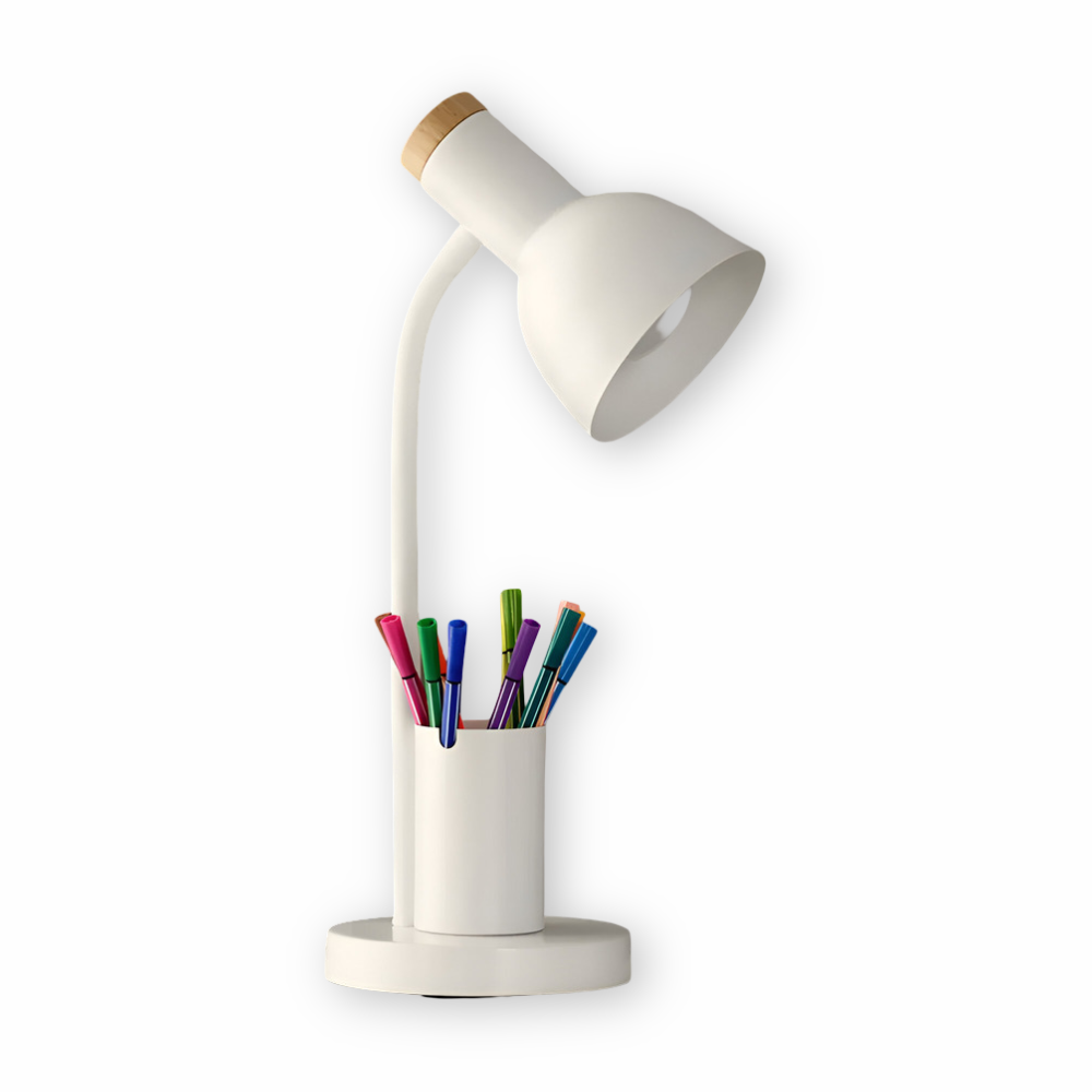 Moderní severská LED stolní lampa se stylovým držákem na pera – osvětlení šetrné k očím do kanceláře, na čtení a jako bytová dekorace