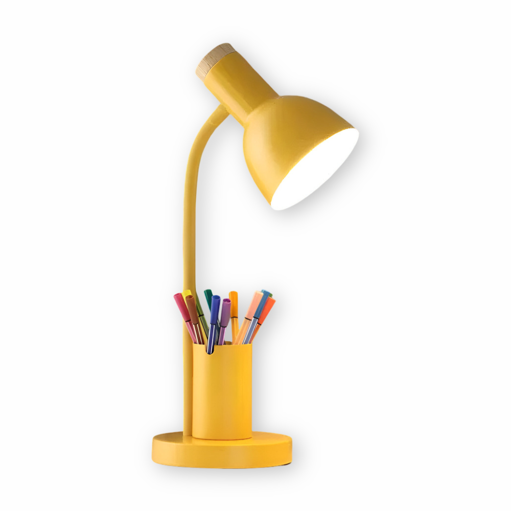 Moderní severská LED stolní lampa se stylovým držákem na pera – osvětlení šetrné k očím do kanceláře, na čtení a jako bytová dekorace