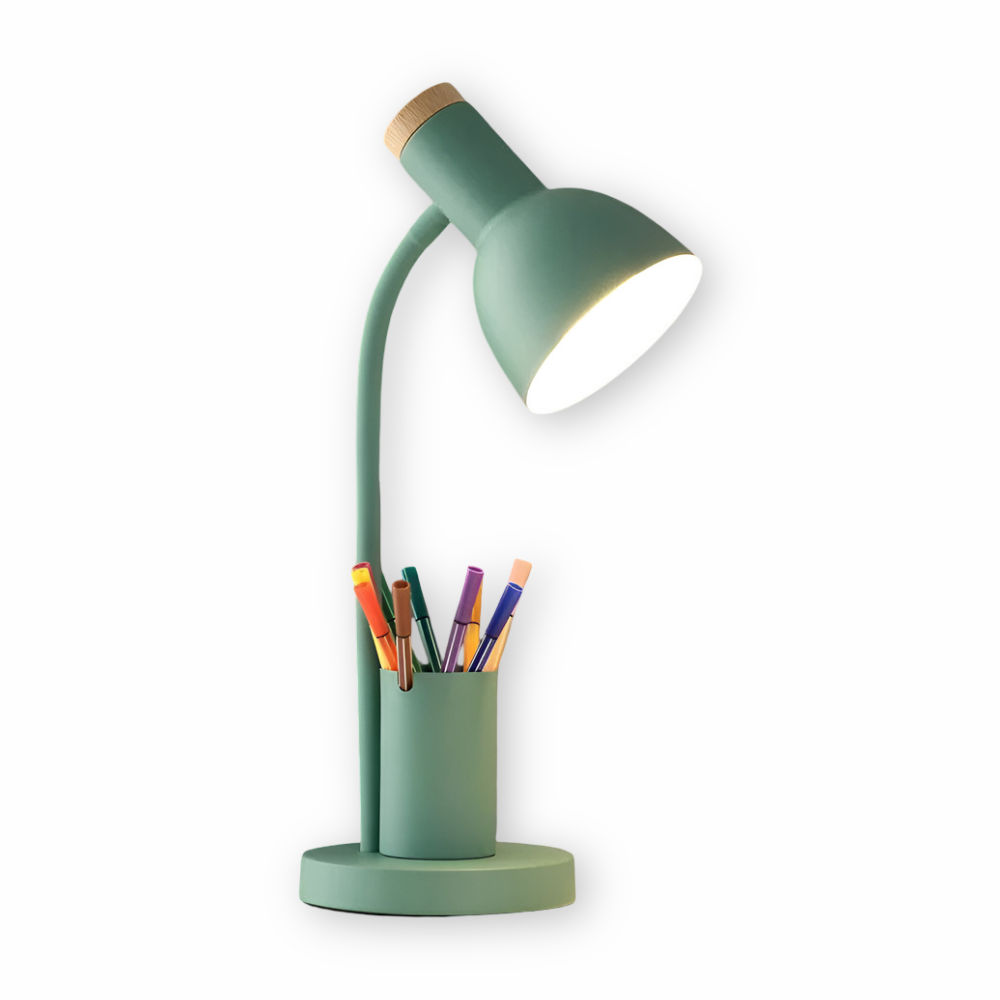 Moderní severská LED stolní lampa se stylovým držákem na pera – osvětlení šetrné k očím do kanceláře, na čtení a jako bytová dekorace