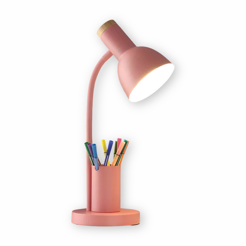Moderní severská LED stolní lampa se stylovým držákem na pera – osvětlení šetrné k očím do kanceláře, na čtení a jako bytová dekorace