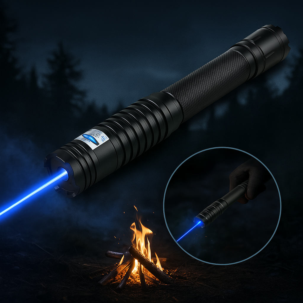 Modrá laserová svítilna | Vysoká optická intenzita 450 nm | Taktický dosah přes 5000 m | Hliníkové tělo s nastavitelným ohniskem | Svítilna se schopností tepelného zapálení