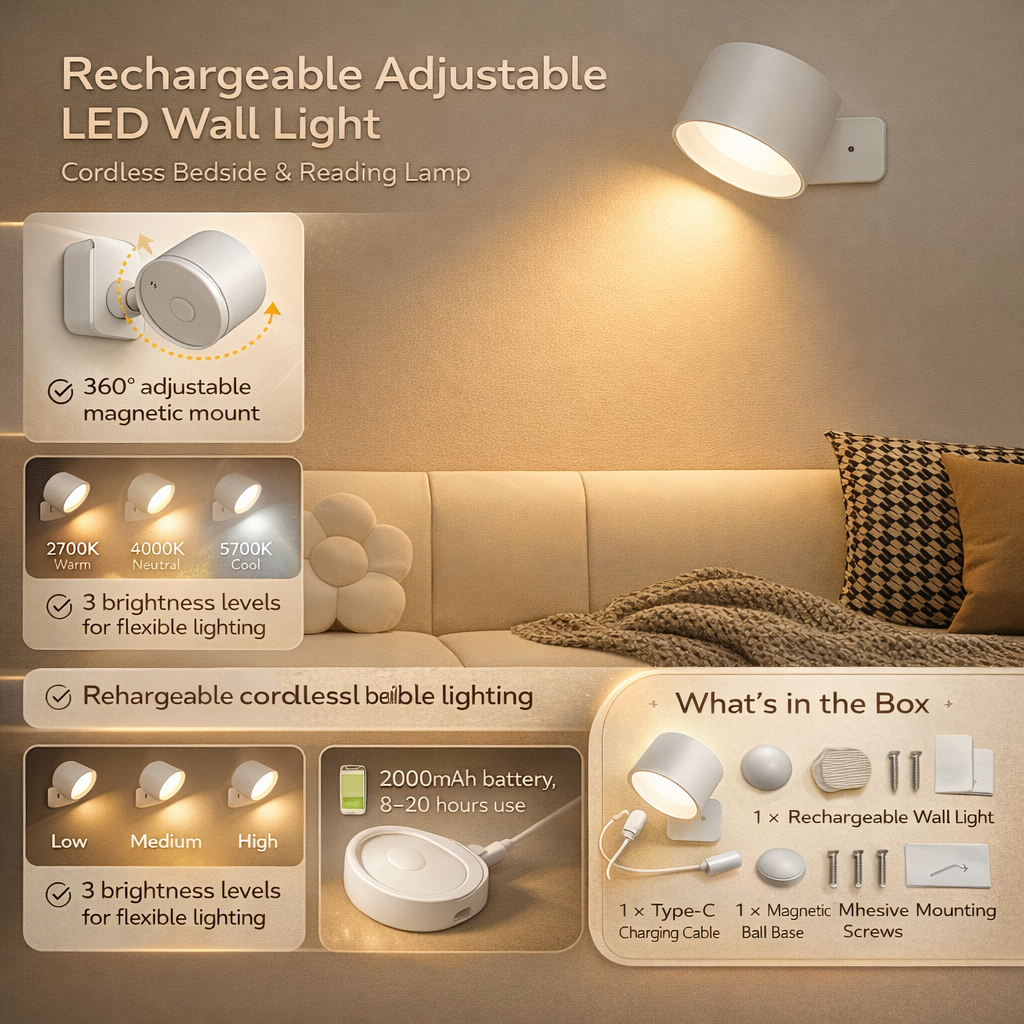 Nastavitelná magnetická LED nástěnná lampa Dobíjecí