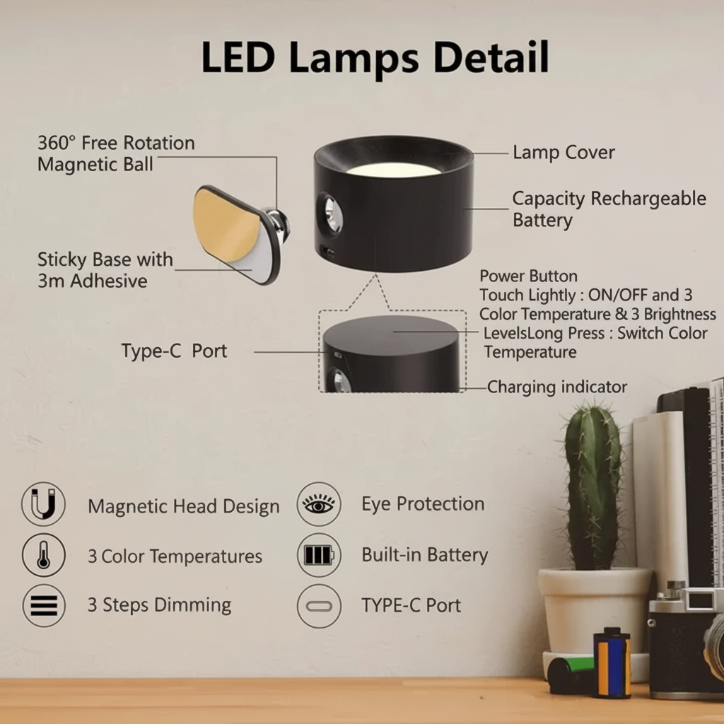 Nastavitelná magnetická LED nástěnná lampa Dobíjecí