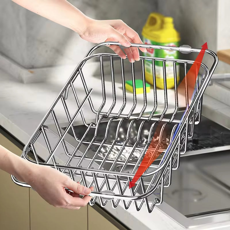 Nastavitelný teleskopický odkapávač na kuchyňský dřez z nerezové oceli, organizér, 34 až 55 cm