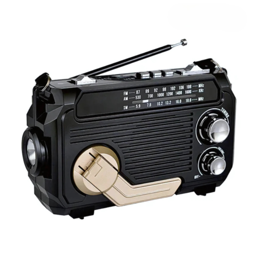 Nouzové rádio s integrovanou powerbankou – ruční klika, solární a USB nabíjení, AM/FM, LED svítilna a SOS alarm