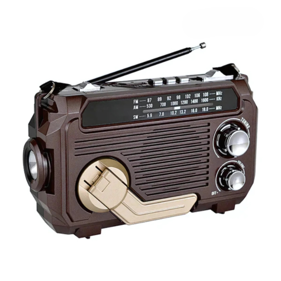 Nouzové rádio s integrovanou powerbankou – ruční klika, solární a USB nabíjení, AM/FM, LED svítilna a SOS alarm