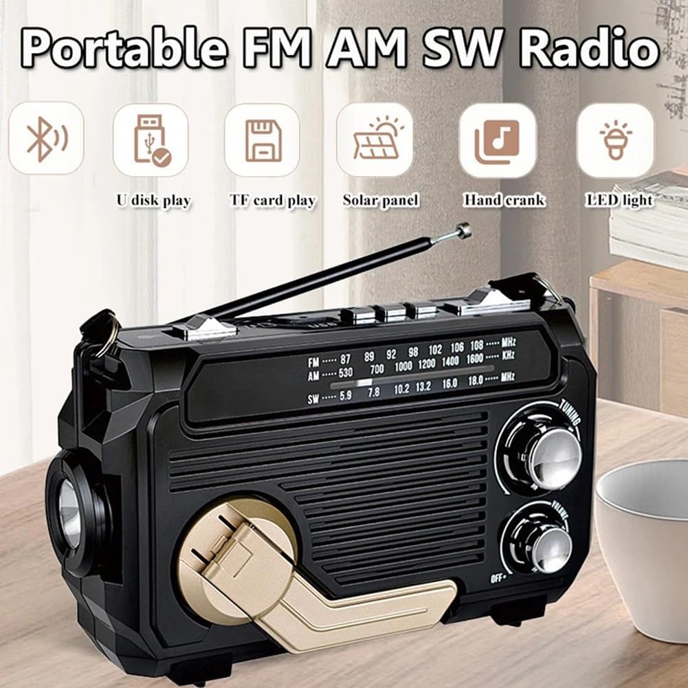 Nouzové rádio s integrovanou powerbankou – ruční klika, solární a USB nabíjení, AM/FM, LED svítilna a SOS alarm