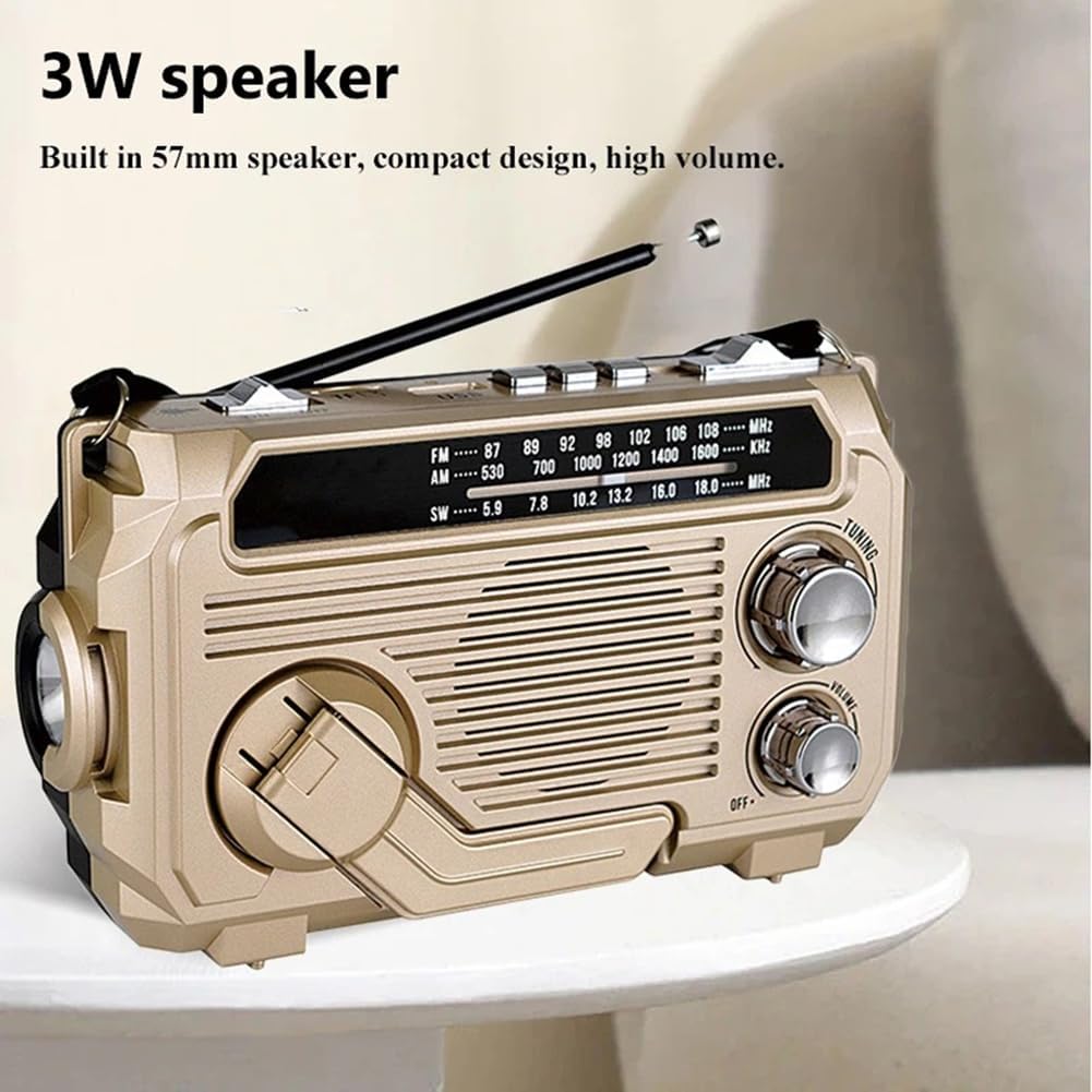 Nouzové rádio s integrovanou powerbankou – ruční klika, solární a USB nabíjení, AM/FM, LED svítilna a SOS alarm