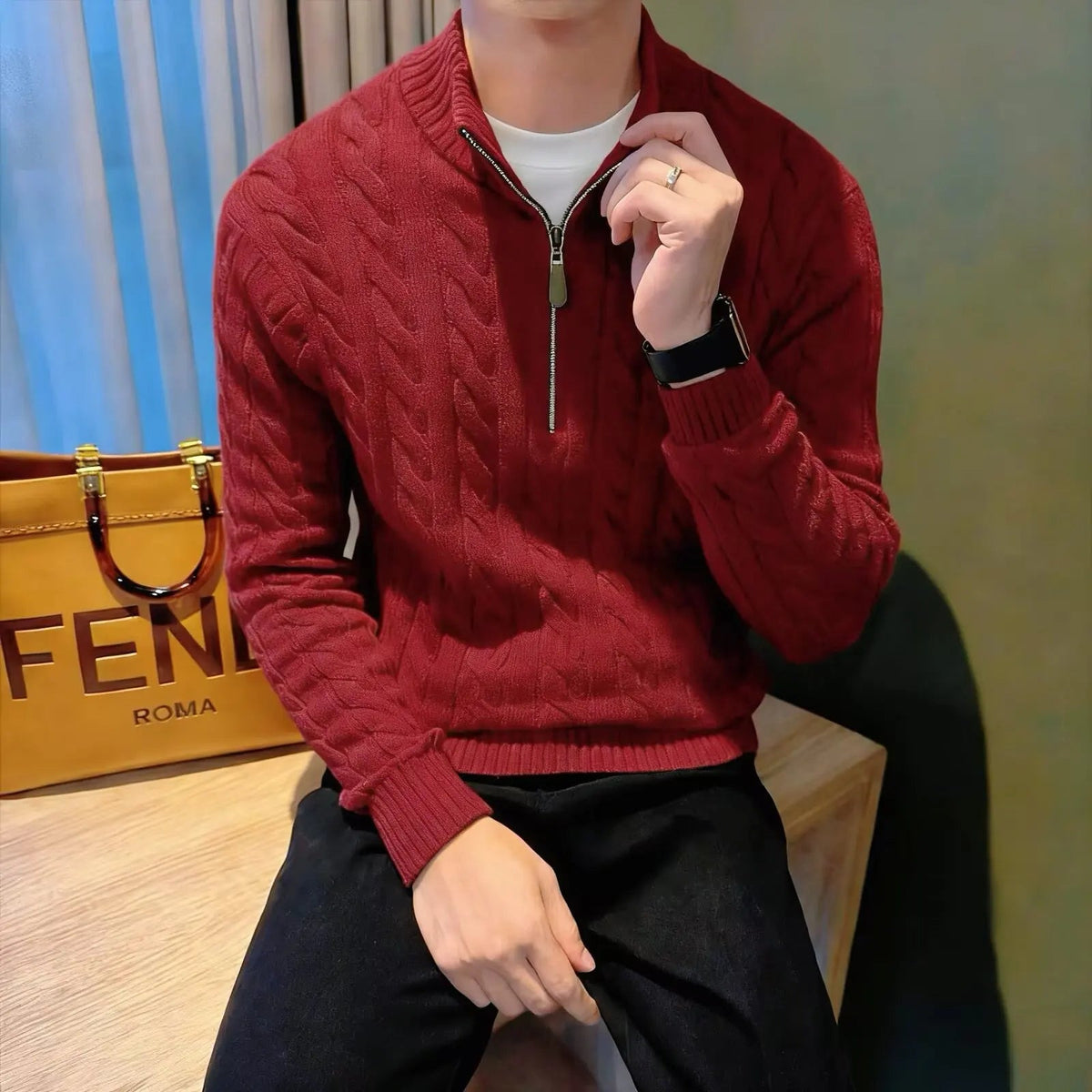 Pánský pletený svetr s copánkovým vzorem na zip