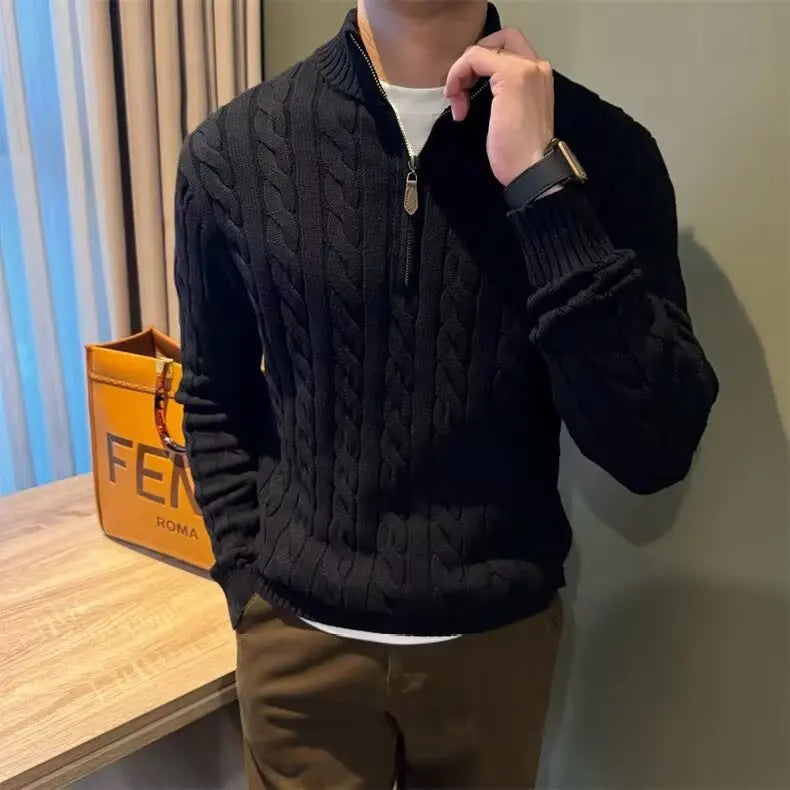 Pánský pletený svetr s copánkovým vzorem na zip