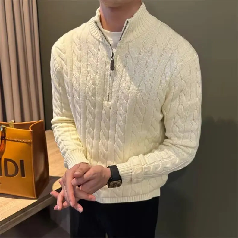 Pánský pletený svetr s copánkovým vzorem na zip