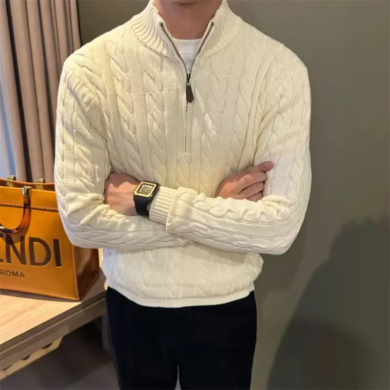 Pánský pletený svetr s copánkovým vzorem na zip